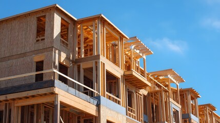 Residential structure framing progresses beneath bright blue sky