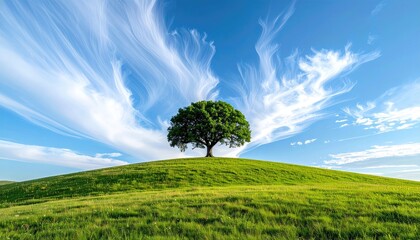 Lone Tree Standing Tall on a Grassy Hill Under a Vast Blue Sky with Wispy Clouds