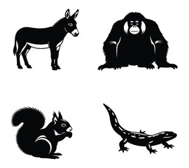 Animal Silhouettes – Vector Set of Donkey, Orangutan, Squirrel, and Lizard