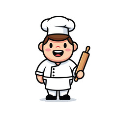 Cute cartoon chef character in a white uniform and toque smiling happily while holding a wooden rolling pin.