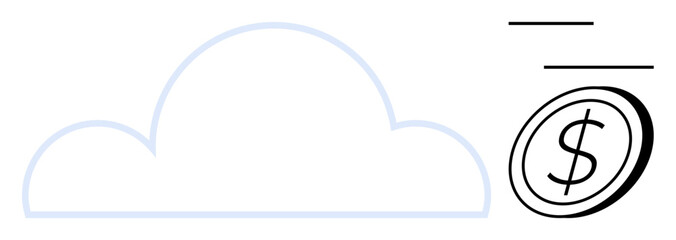 Simplistic cloud shape, dollar coin, and dash lines indicate financial growth, online payments, cloud computing, cost savings. Ideal for finance, technology, e-commerce startup savings abstract
