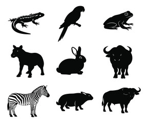Animal Silhouettes – Vector Set of Lizard, Parrot, Frog, Horse, Rabbit, Buffalo, Zebra, Crouched Rabbit, and Yak