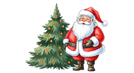 Santa claus standing next to a decorated christmas tree, isolated on transparent background