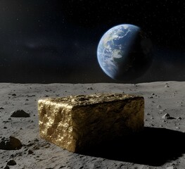 Illustration of  uneven gold ore brick on surface of the moon with earth globe in lunar sky