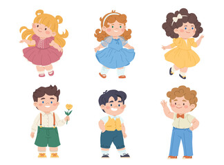 Smiling children in evening dresses and suits. Happy boys and girls in beautiful clothes. Children's characters at a party. Vector illustration