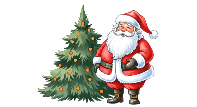 Santa claus standing next to a decorated christmas tree, isolated on transparent background