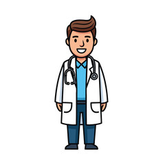 Friendly Cartoon Male Doctor in a White Lab Coat with a Stethoscope Standing and Smiling.