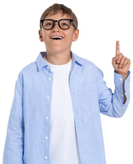 Happy boy child wearing glasses and striped shirt pointing upward, isolated on transparent background. Concept of curiosity, idea, or discovery