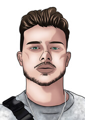 a stylized, semi-realistic cartoon portrait of a young man