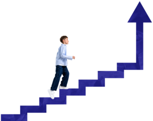 Boy walking up a blue arrow-shaped staircase, isolated on transparent background, symbolizing growth, ambition, success, development, and motivation