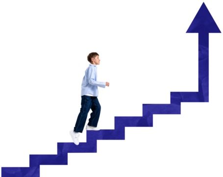 Boy walking up a blue arrow-shaped staircase, isolated on transparent background, symbolizing growth, ambition, success, development, and motivation