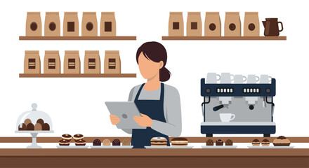 Modern barista taking orders on tablet with espresso machine and sweet pastry display creating a cafe ambiance for coffee shop promotion
