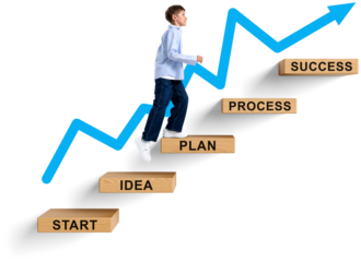 Child walking up wooden blocks labeled with steps to success, blue arrow rising in background, isolated on white, symbolizing education and career path