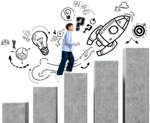 Young boy walking up concrete steps, surrounded by startup and success-themed sketches, isolated on transparent background, symbolizing ambition and growth