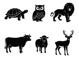 Animal Silhouettes – Vector Set of Turtle, Owl, Lion, Cow, Sheep, and Deer