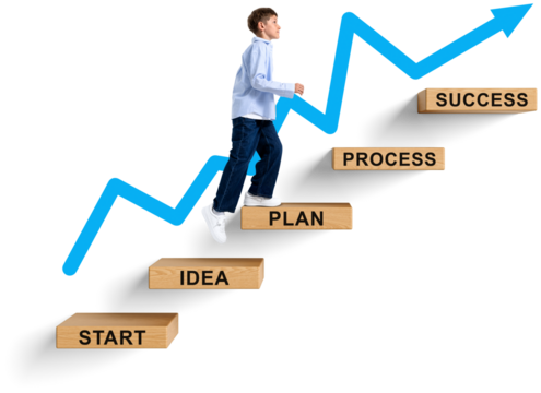 Child walking up wooden blocks labeled with steps to success, blue arrow rising in background, isolated on white, symbolizing education and career path