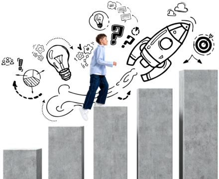 Young boy walking up concrete steps, surrounded by startup and success-themed sketches, isolated on transparent background, symbolizing ambition and growth