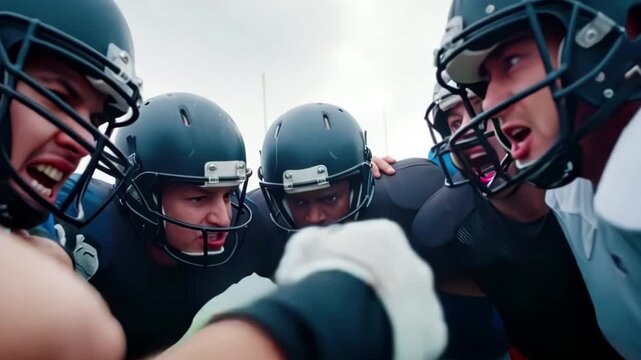 Emotional close-up video of team in American football gear huddled together before game. Players cheer each other on, demonstrating passion and unity.