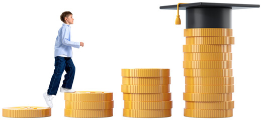 A boy walks upward on stacked coins towards a graduation cap, symbolizing the rising cost of education, isolated on a white transparent background