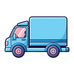 Light blue cartoon delivery box truck with purple accents shown in a side profile view.
