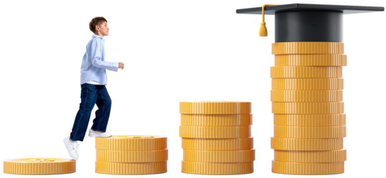 A boy walks upward on stacked coins towards a graduation cap, symbolizing the rising cost of education, isolated on a white transparent background