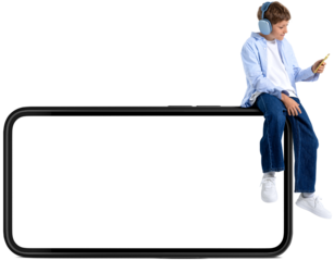Boy wearing headphones sits on large phone frame holding smartphone, isolated on transparent background, symbolizing screen time or app addiction