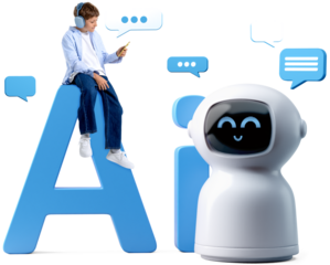 Smiling boy wearing headphones sits on blue AI letters beside a friendly robot, isolated on white background with chat bubbles, symbolizing new tech concept