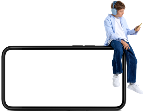 Boy wearing headphones sits on large phone frame holding smartphone, isolated on transparent background, symbolizing screen time or app addiction
