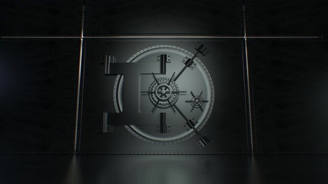 Large circular bank vault door unlocks and shows a completely empty safe, promoting security and reliable asset protection.