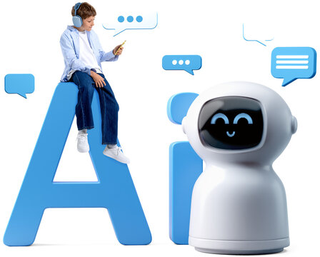Smiling boy wearing headphones sits on blue AI letters beside a friendly robot, isolated on white background with chat bubbles, symbolizing new tech concept - Powered by Adobe
