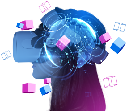 Woman in VR headset with holographic global interface and colorful cubes in futuristic graphic style on transparent background, symbolizing virtual worlds - Powered by Adobe