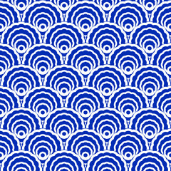 Seigaiha wave seamless pattern vector.Traditional japanese wave ocean motif illustration background.Flat style blue and white classic Indigo color.Design for wallpaper,print, textile,wrap,decoration.