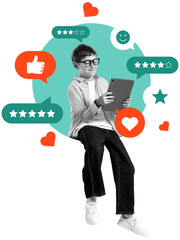 Child sitting with tablet, smiling, surrounded by colorful review icons and stars in a modern...