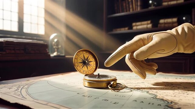 Hands in retro leather gloves move around antique map and compass. Planning trips and new world discoveries in atmospheric home living room with warm rays of sunlight.