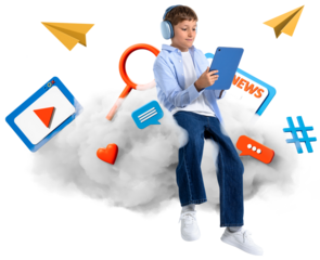 Kid with headphones sits on cloud using tablet, with digital icons floating around, isolated on white background, symbolizing cloud storage and internet