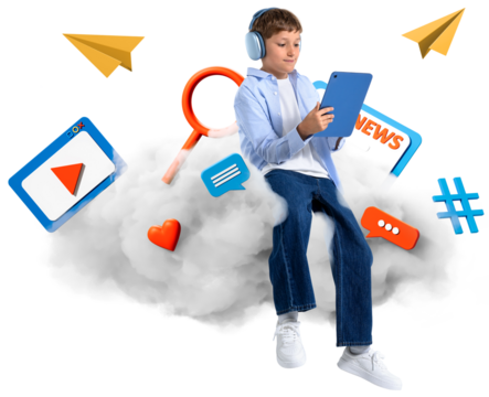 Kid with headphones sits on cloud using tablet, with digital icons floating around, isolated on white background, symbolizing cloud storage and internet