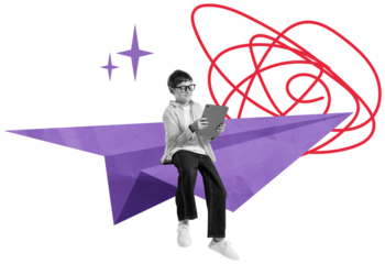 Child sitting on a purple paper plane holding a tablet, with abstract internet and social media symbols, in a collage style on a white background