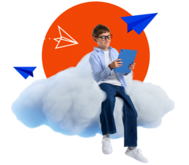 Happy child using tablet while sitting on fluffy cloud with flying paper planes, isolated on white background. Concept of digital learning and imagination