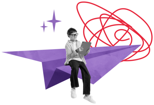 Child sitting on a purple paper plane holding a tablet, with abstract internet and social media symbols, in a collage style on a white background
