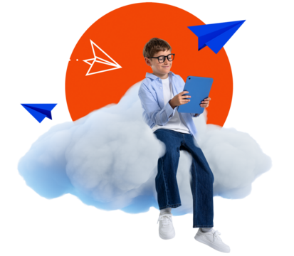 Happy child using tablet while sitting on fluffy cloud with flying paper planes, isolated on white background. Concept of digital learning and imagination