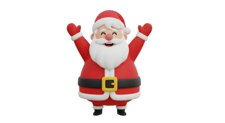 A cheerful cartoon santa claus with arms raised in celebration, isolated on transparent background