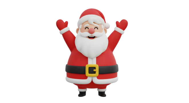 A cheerful cartoon santa claus with arms raised in celebration, isolated on transparent background - Powered by Adobe