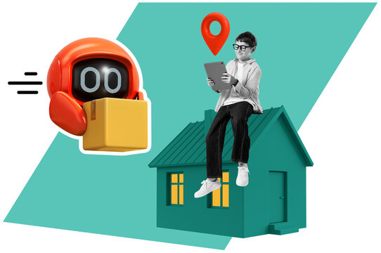 Boy sitting on house roof holding tablet, tracking package from delivery robot, turquoise geometric background, concept of kid-friendly online shopping