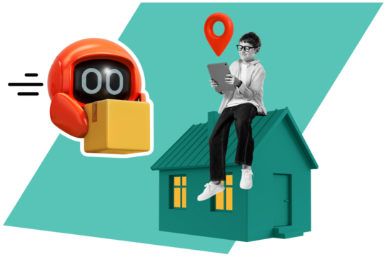 Boy sitting on house roof holding tablet, tracking package from delivery robot, turquoise geometric background, concept of kid-friendly online shopping