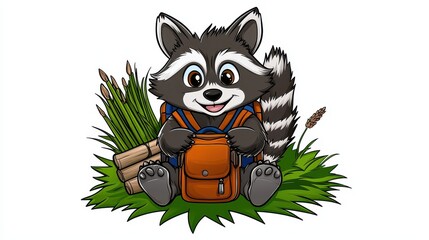Obraz premium Cute Cartoon Raccoon Backpacker in Green Grass