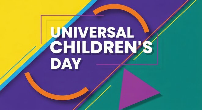 Universal childrens day text with abstract geometric shapes and bright colors
