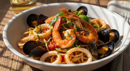 Seafood Spaghetti with Shrimp, Squid, and Clams in Tomato Sauce. On a wooden table in the sunlight.