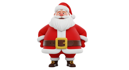 A cheerful, plump cartoon santa claus character wearing his traditional red suit and hat, isolated on transparent background