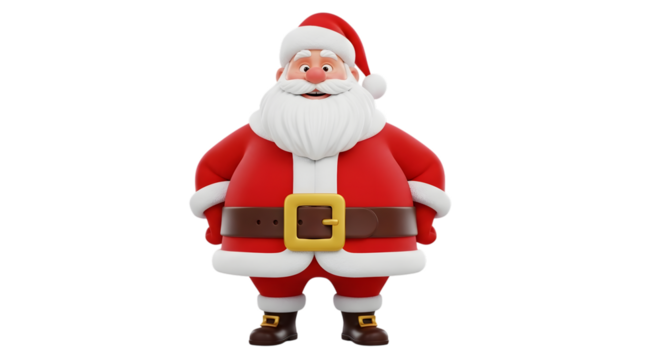 A cheerful, plump cartoon santa claus character wearing his traditional red suit and hat, isolated on transparent background