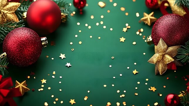 Red and gold ornaments are arranged on a vibrant green surface, surrounded by sparkling stars and festive decorations, creating a cheerful holiday atmosphere.